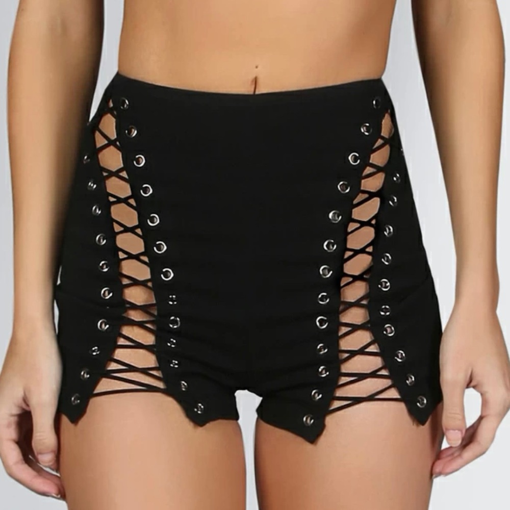 High Waisted Lace Up Black Shorts - Size XS - Picture 1 of 7